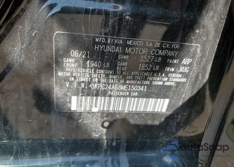 2021 Hyundai Accent Se z USA, uszkodzony, nr VIN 3KPC24A68ME150341